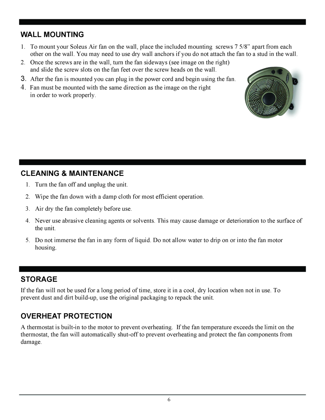 Soleus Air ft2-25-03 operating instructions Wall Mounting, Cleaning & Maintenance, Storage, Overheat Protection 