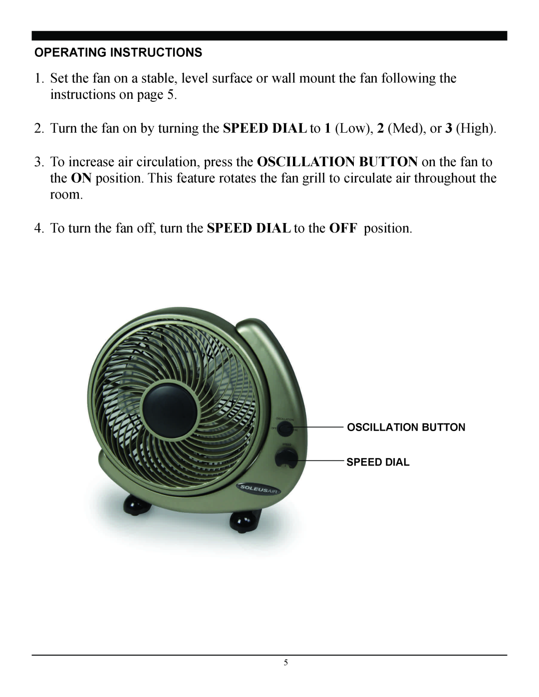 Soleus Air ft2-25-03 operating instructions Operating Instructions, Oscillation Button Speed Dial 