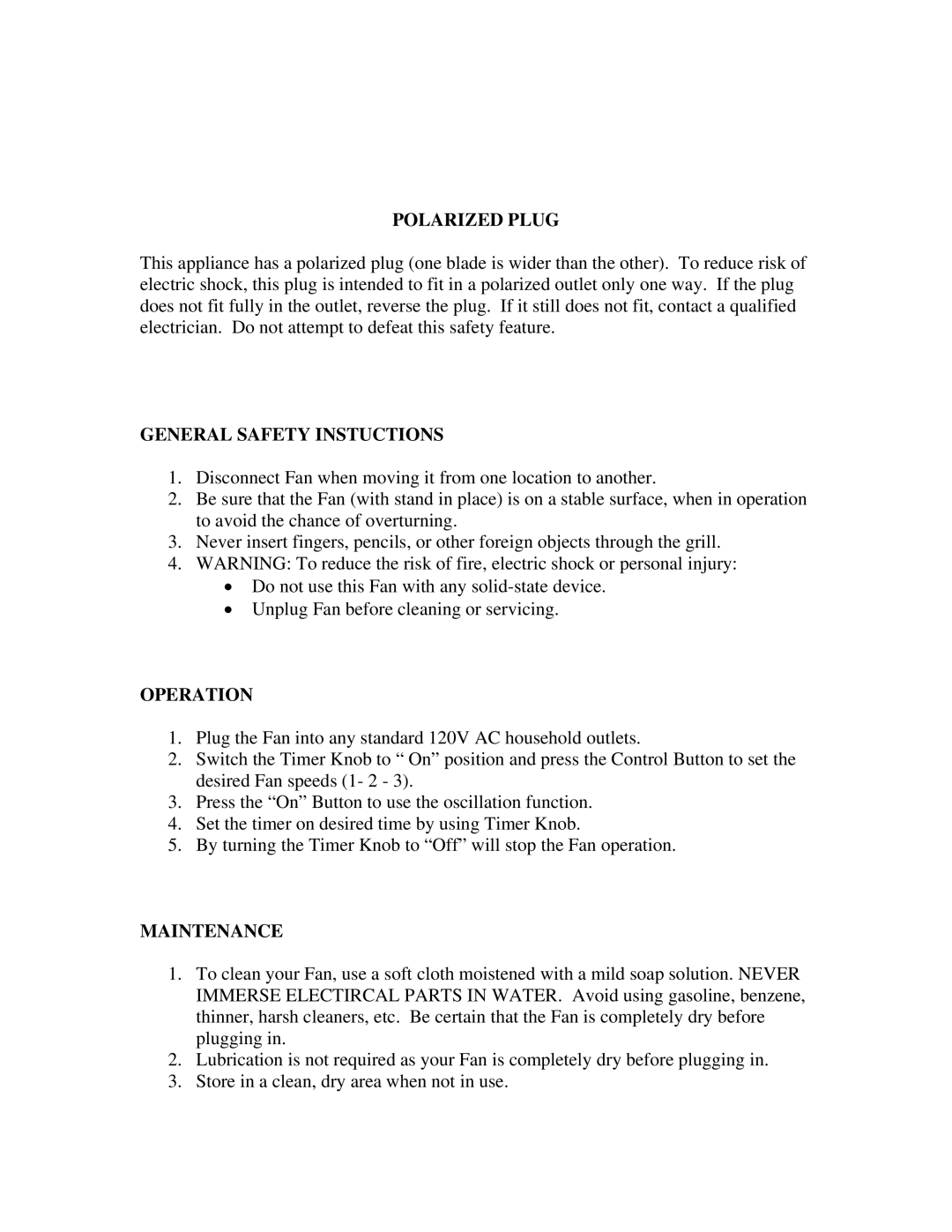 Soleus Air FTY-30 user manual Polarized Plug, General Safety Instuctions, Operation, Maintenance 