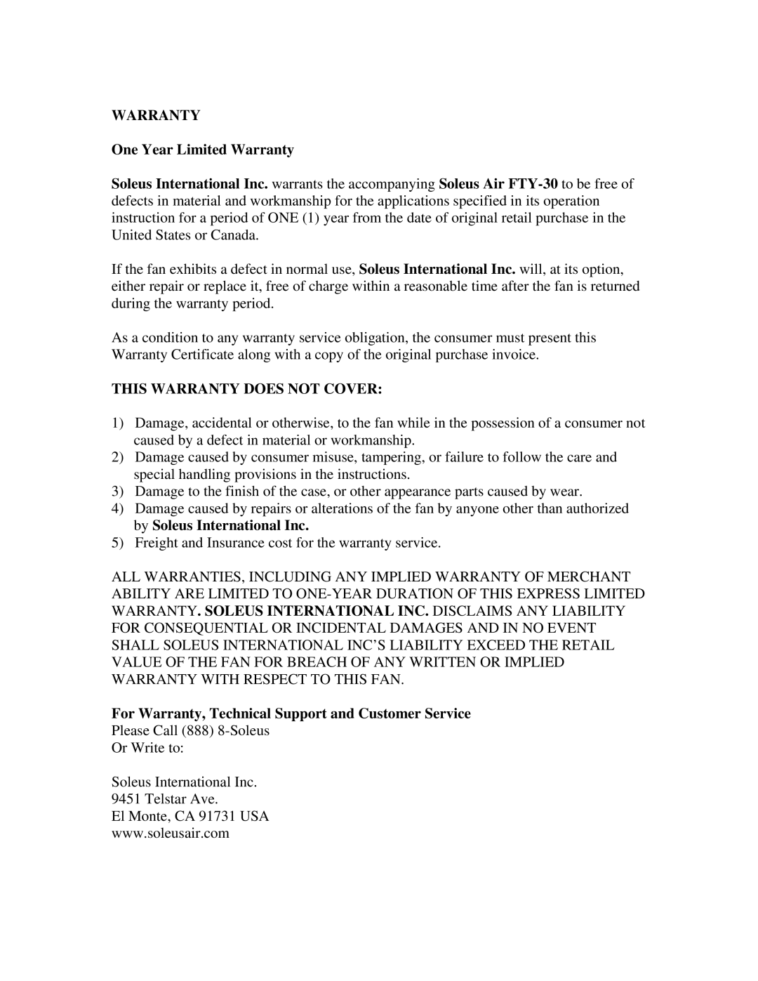 Soleus Air FTY-30 user manual This Warranty does not Cover 