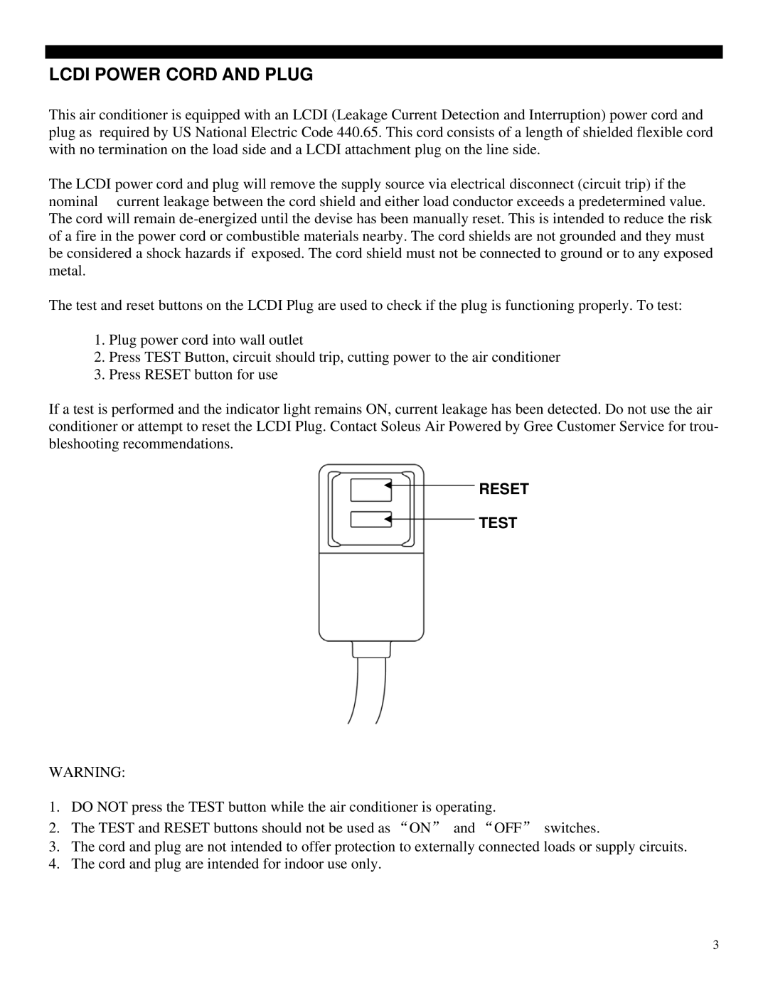 Soleus Air GB-PAC-08E4 operating instructions Lcdi Power Cord and Plug, Reset Test 