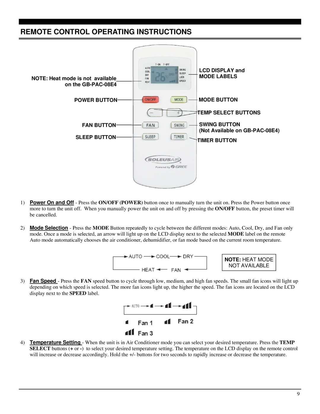 Soleus Air GB-PAC-08E4 operating instructions Remote Control Operating Instructions, Timer Button 