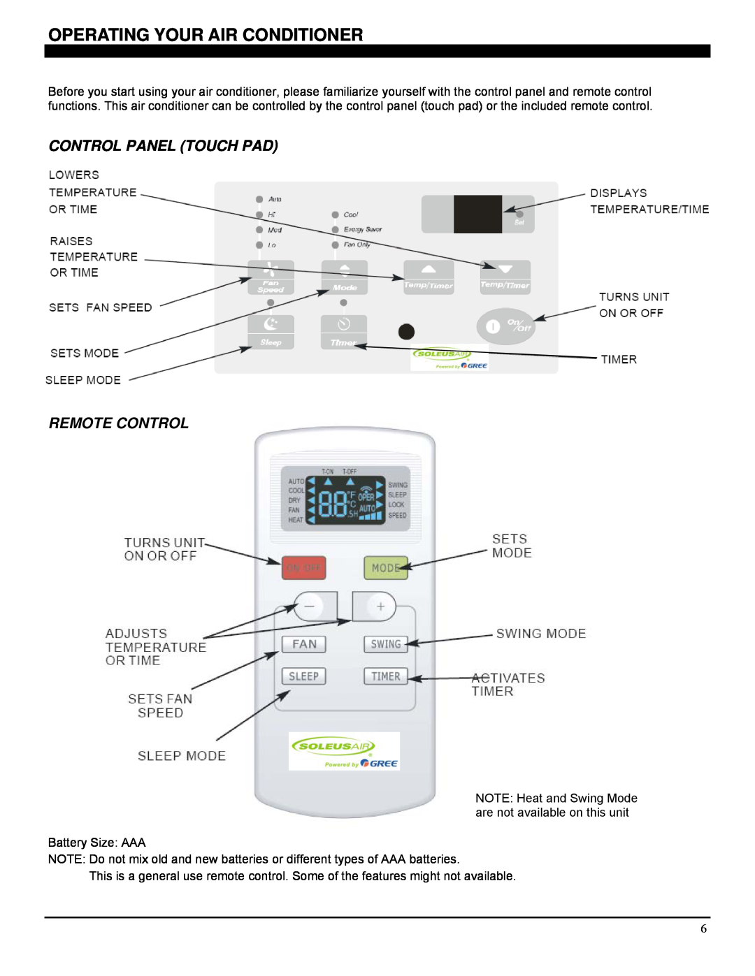 Soleus Air GB-TTW-14, GB-TTW-10ESE, GB-TTW-12ESE Operating Your Air Conditioner, Control Panel Touch Pad Remote Control 