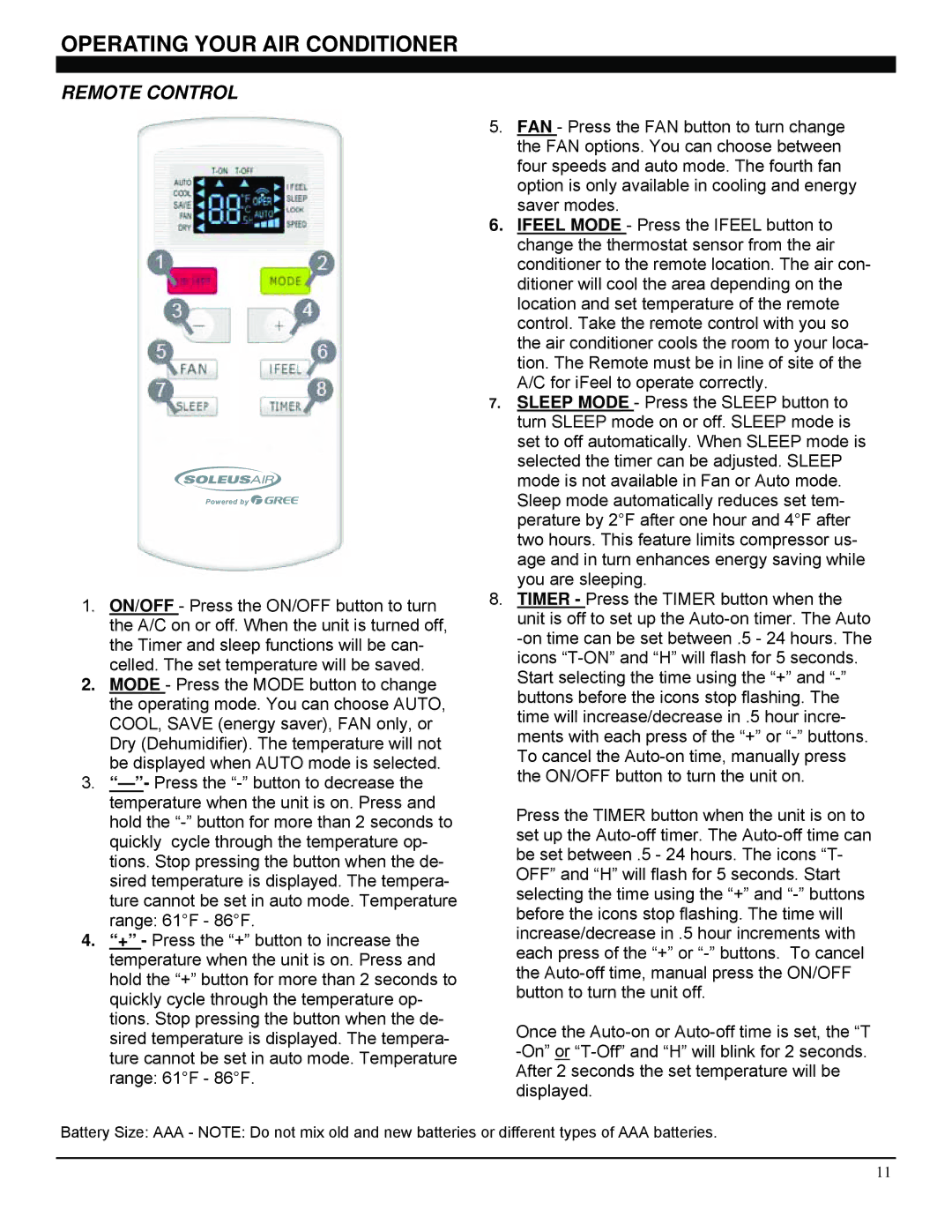 Soleus Air GB-WAC-06SE-C, GB-WAC-06ESE-C, GB-WAC-08ESE-C Operating Your AIR Conditioner, Remote Control 