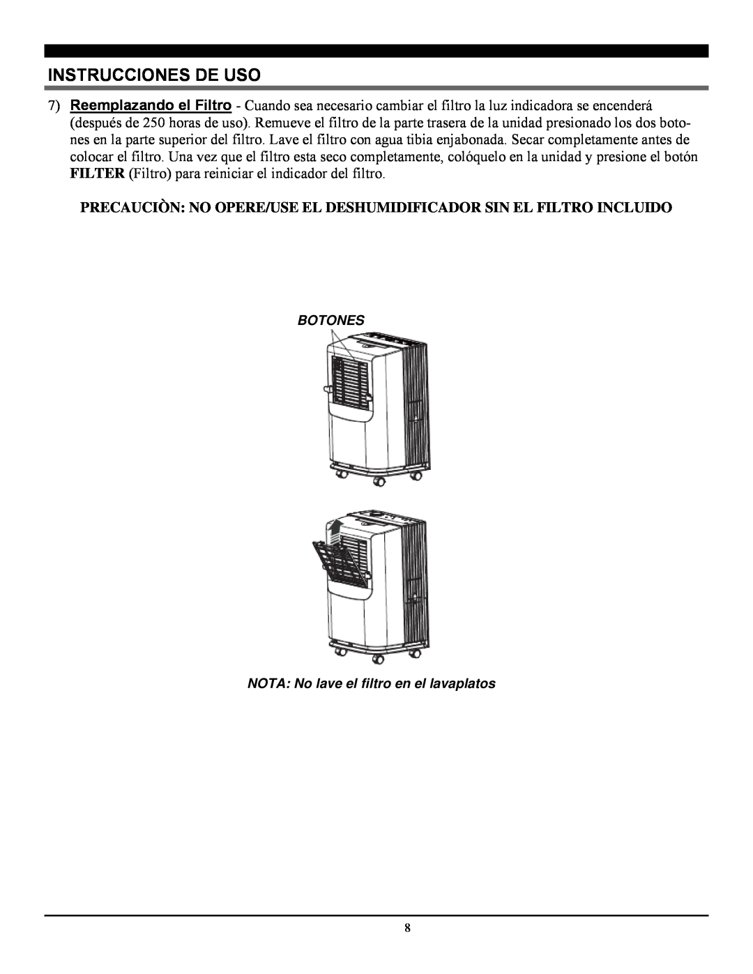 Soleus Air GL-DEH-70P-2 operating instructions Instrucciones De Uso, BOTONES NOTA No lave el filtro en el lavaplatos 