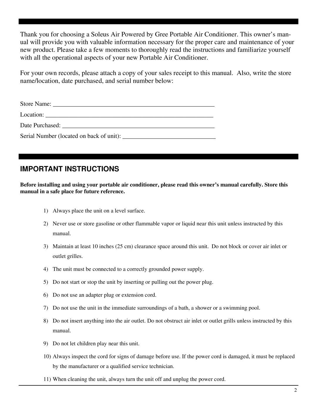 Soleus Air GL-PAC-08E4 manual Important Instructions 