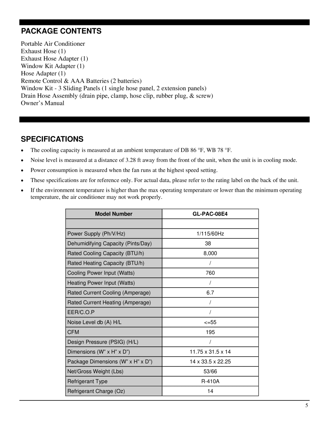 Soleus Air GL-PAC-08E4 manual Package Contents, Specifications 