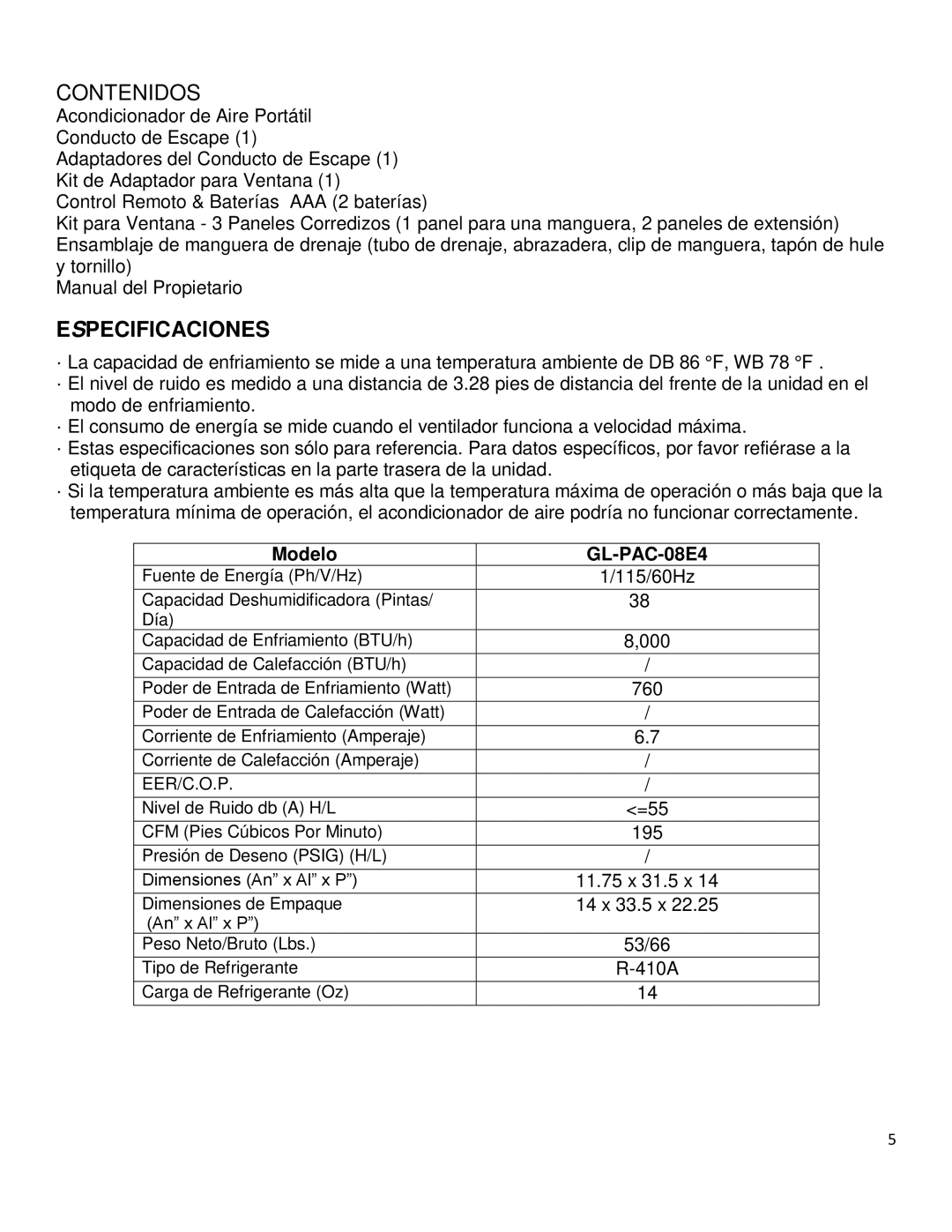 Soleus Air GL-PAC-08E4 manual Especificaciones, Modelo 
