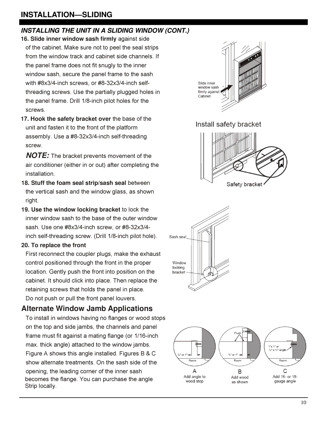 Soleus Air GM-CAC-08ESE, GM-CAC-10SE, GM-CAC-12SE manual Alternate Window Jamb Applications, To replace the front 