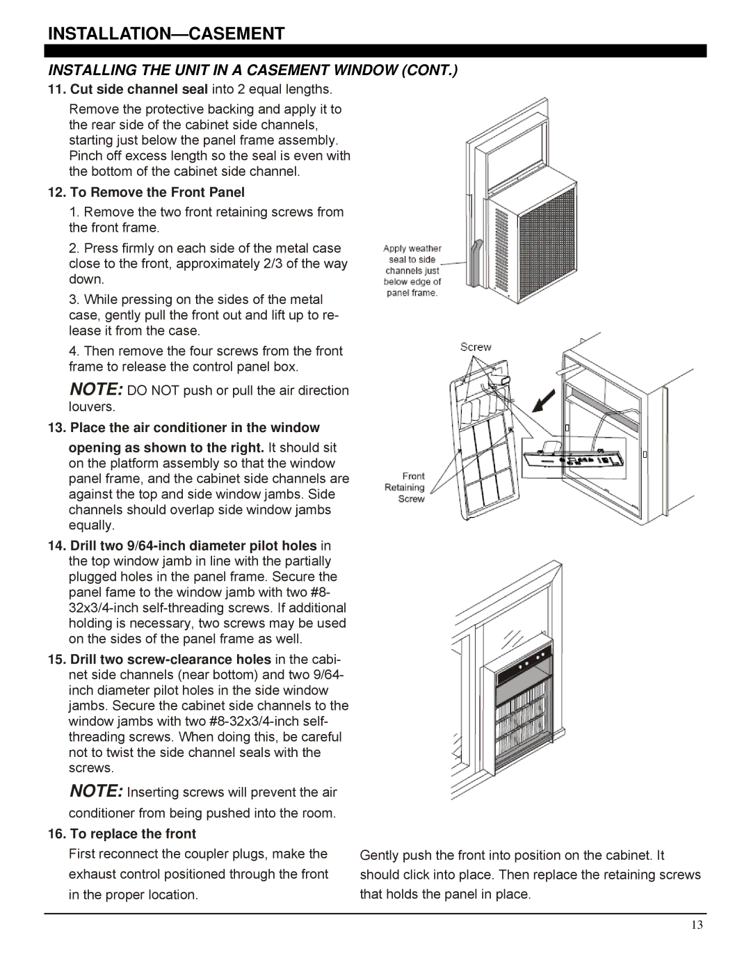 Soleus Air GM-CAC-08ESE, GM-CAC-10SE, GM-CAC-12SE Cut side channel seal into 2 equal lengths, To Remove the Front Panel 