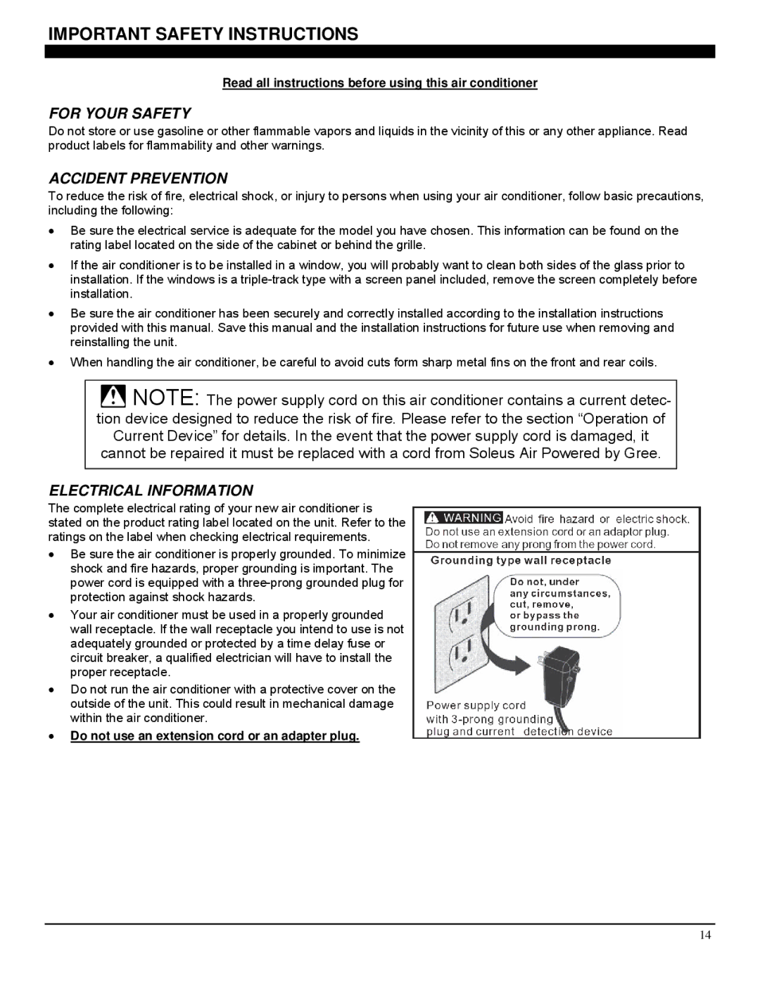 Soleus Air GM-CAC-12SE, GM-CAC-10SE, GM-CAC-08ESE manual For Your Safety, Accident Prevention, Electrical Information 