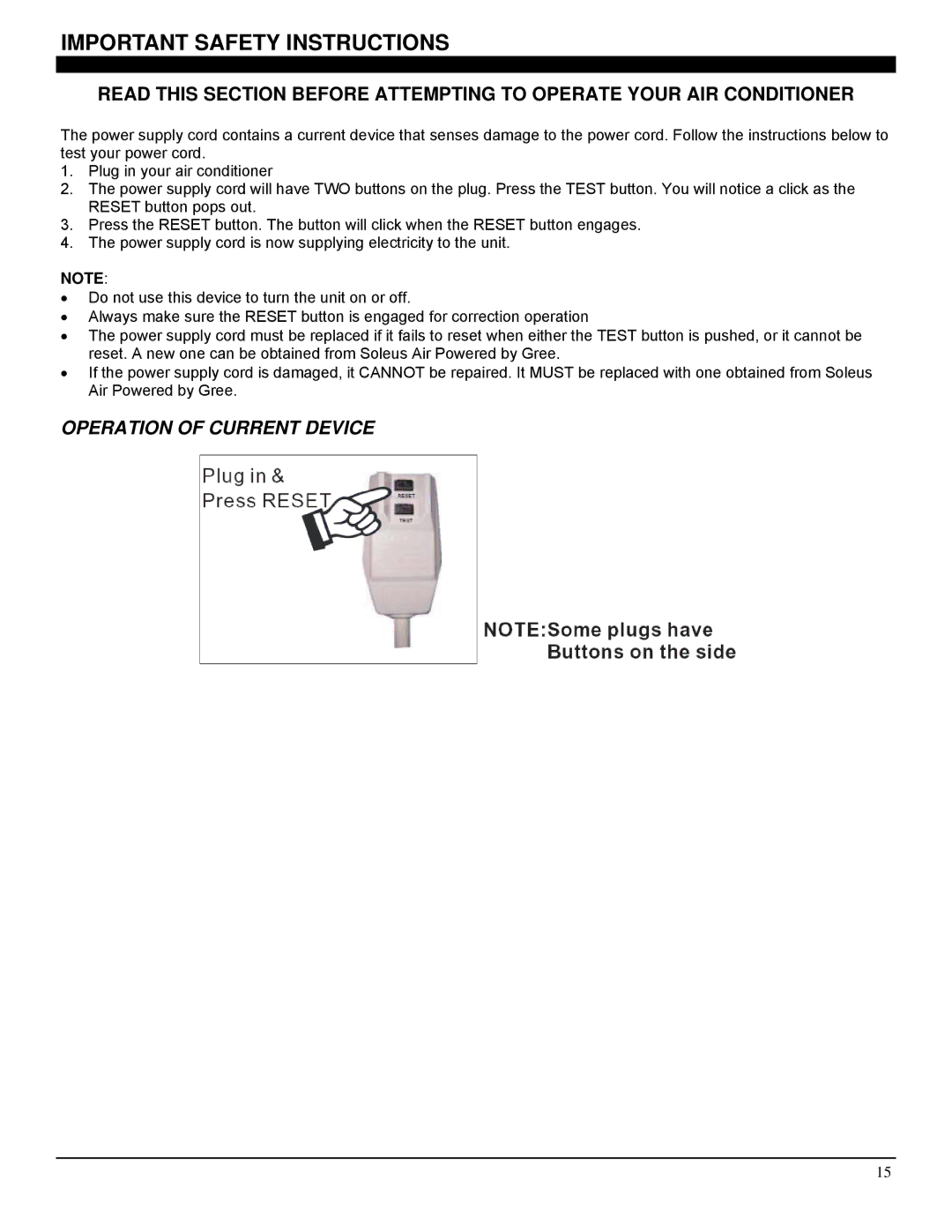 Soleus Air GM-CAC-10SE, GM-CAC-08ESE, GM-CAC-12SE manual Operation of Current Device 