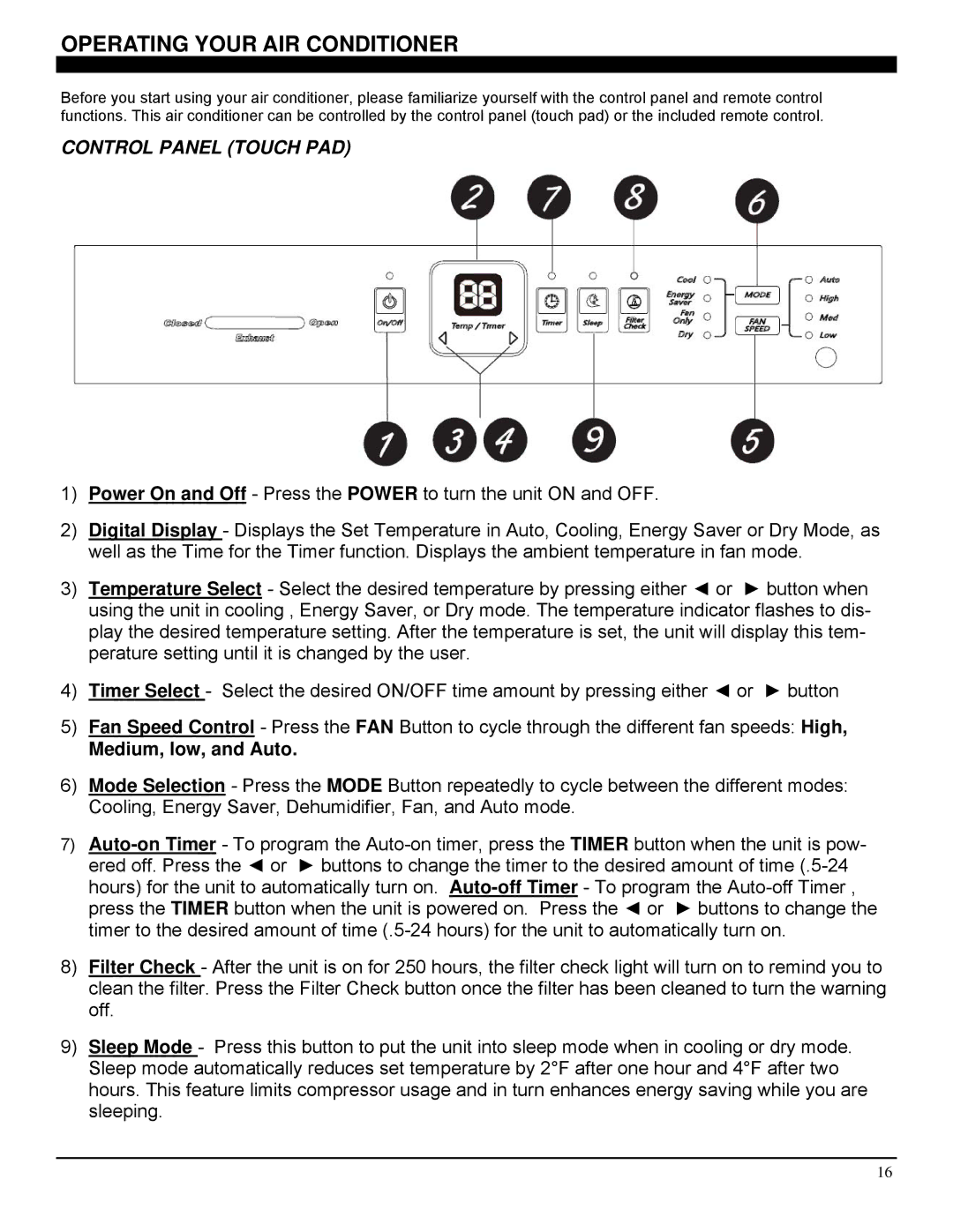 Soleus Air GM-CAC-08ESE, GM-CAC-10SE, GM-CAC-12SE manual Operating Your AIR Conditioner, Control Panel Touch PAD 