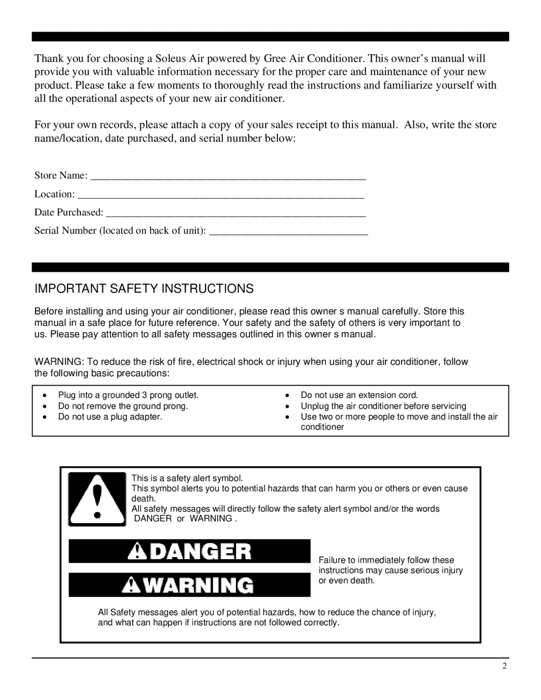 Soleus Air GM-CAC-12SE, GM-CAC-10SE, GM-CAC-08ESE manual Important Safety Instructions 