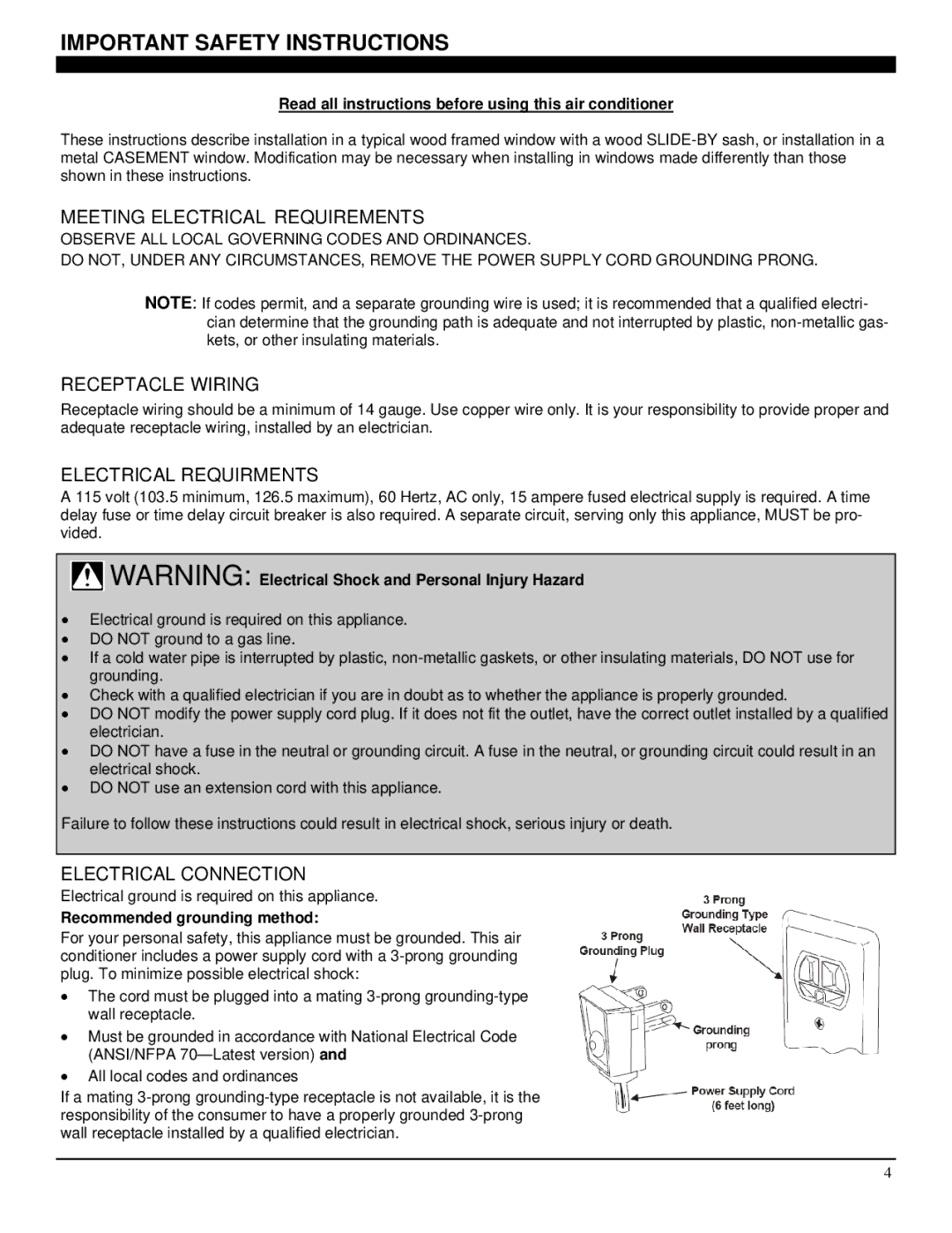 Soleus Air GM-CAC-08ESE Meeting Electrical Requirements, Receptacle Wiring, Electrical Requirments, Electrical Connection 