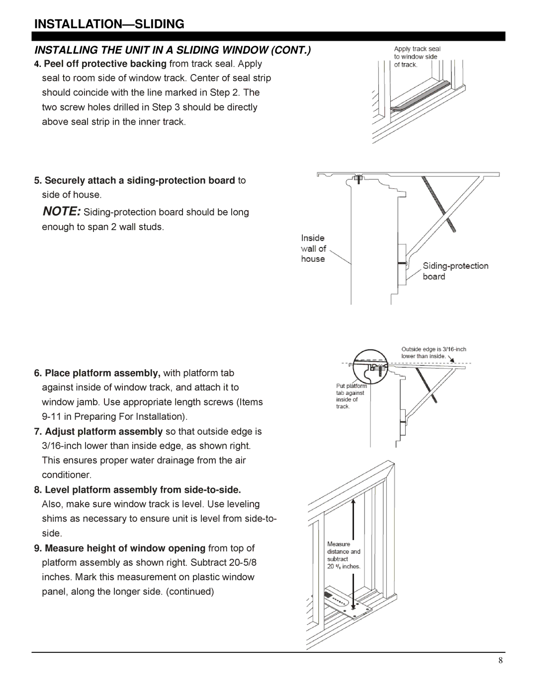 Soleus Air GM-CAC-12SE, GM-CAC-10SE, GM-CAC-08ESE manual Installation-Sliding, Securely attach a siding-protection board to 