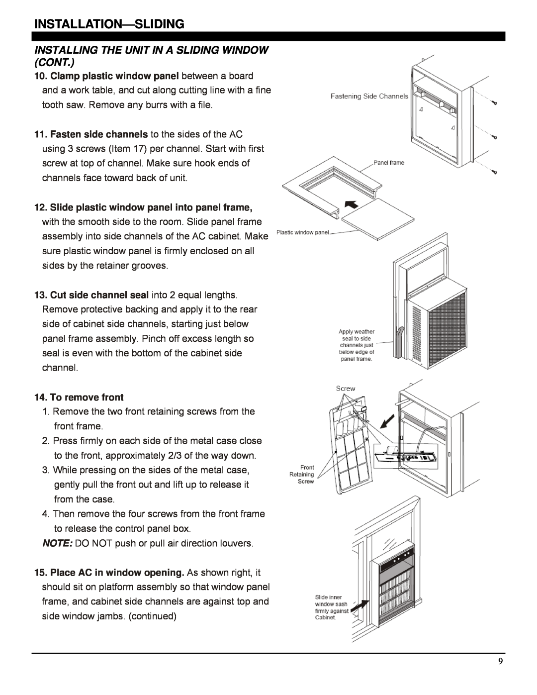 Soleus Air GM-CAC-10SE, GM-CAC-08ESE Installation-Sliding, Installing The Unit In A Sliding Window Cont, To remove front 