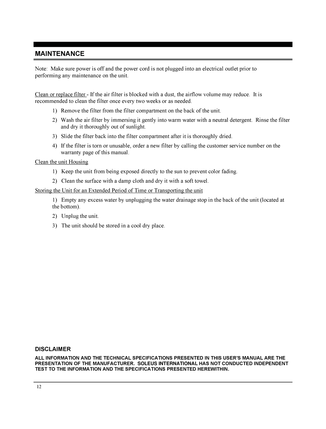 Soleus Air GM-PAC-08E3 manual Maintenance, Disclaimer 