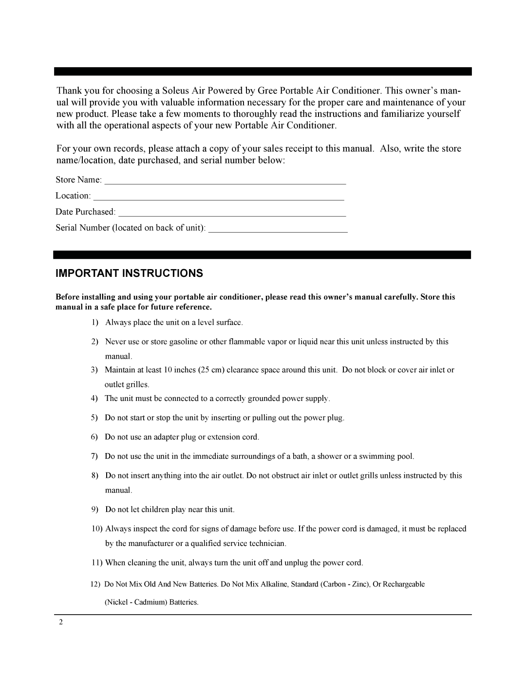 Soleus Air GM-PAC-08E3 manual Important Instructions 