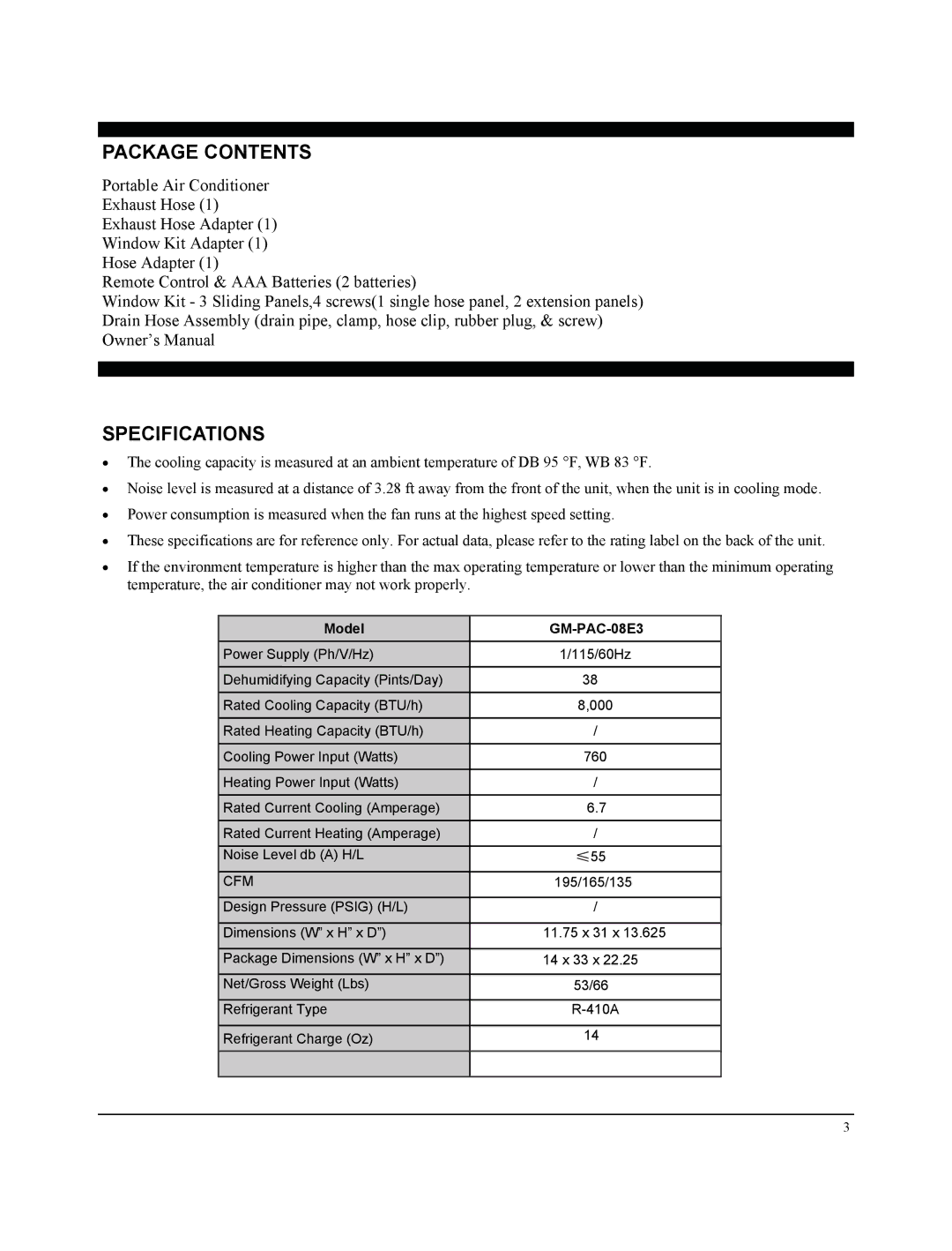 Soleus Air GM-PAC-08E3 manual Package Contents, Specifications 