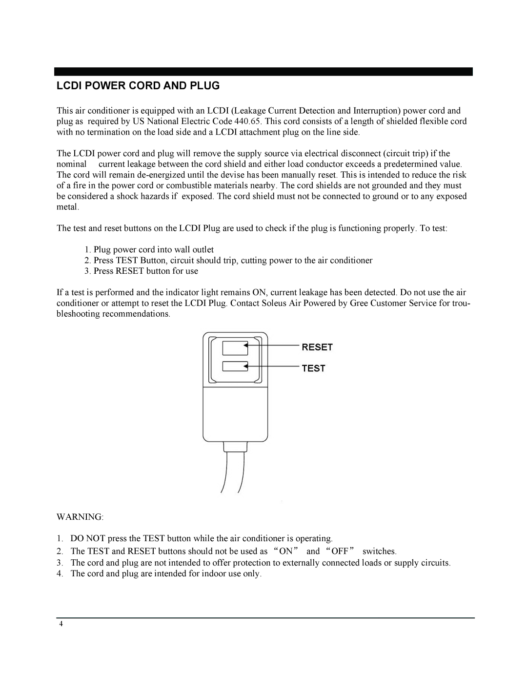 Soleus Air GM-PAC-08E3 manual Lcdi Power Cord and Plug 