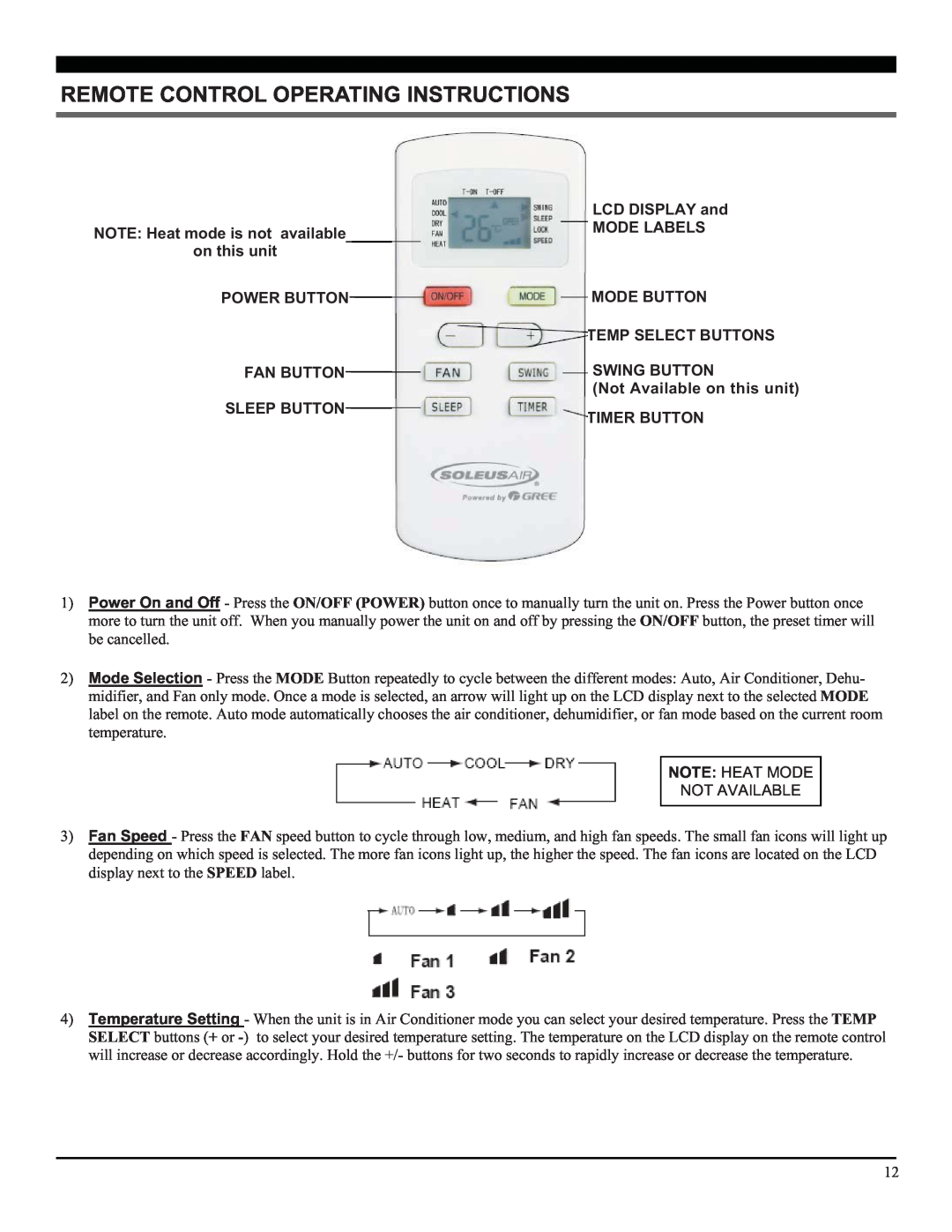 Soleus Air GM-PAC-10E2 manual Remote Control Operating Instructions, NOTE Heat mode is not available on this unit 