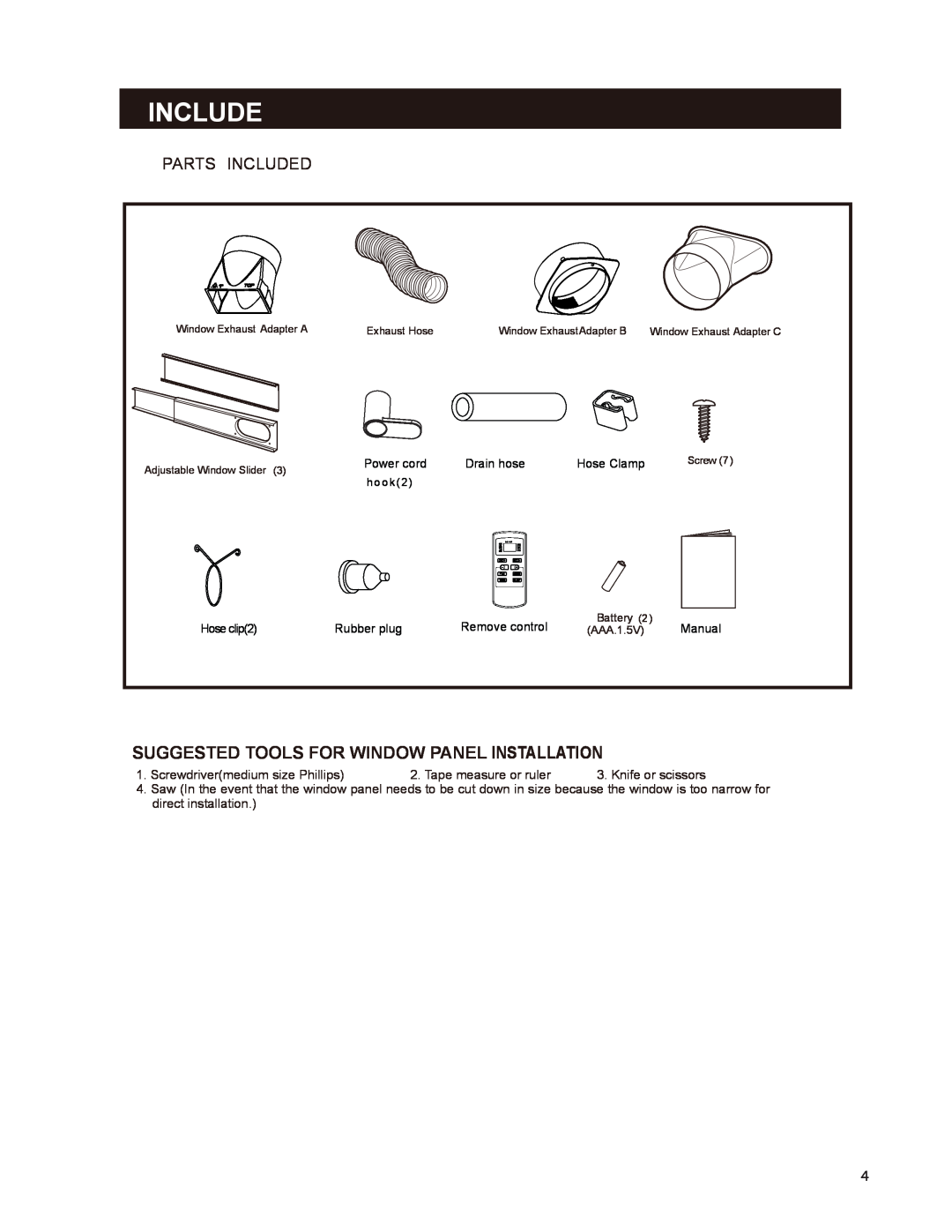 Soleus Air GM-PAC-10E2 manual Suggested Tools For Window Panel Installation, Parts Included 