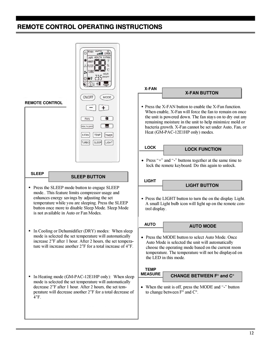Soleus Air GM-PAC-12E1 manual Remote Control Operating Instructions, Sleep Button, X-Fanbutton, Lock Function, Light Button 