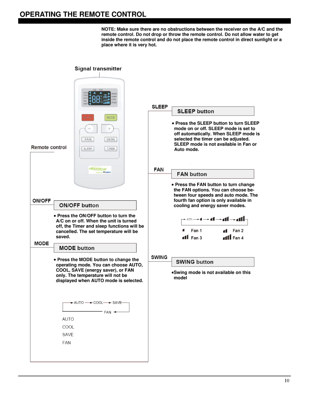 Soleus Air GM-TTW-14, GM-TTW-10ESE, GM-TTW-12ESEZ manual Operating the Remote Control 