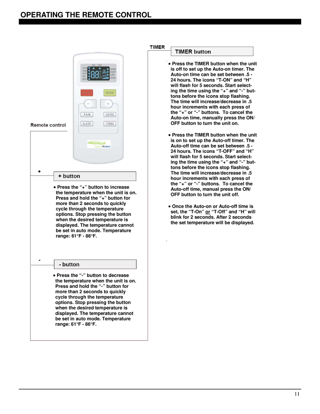 Soleus Air GM-TTW-12ESEZ, GM-TTW-10ESE, GM-TTW-14 manual Operating the Remote Control 