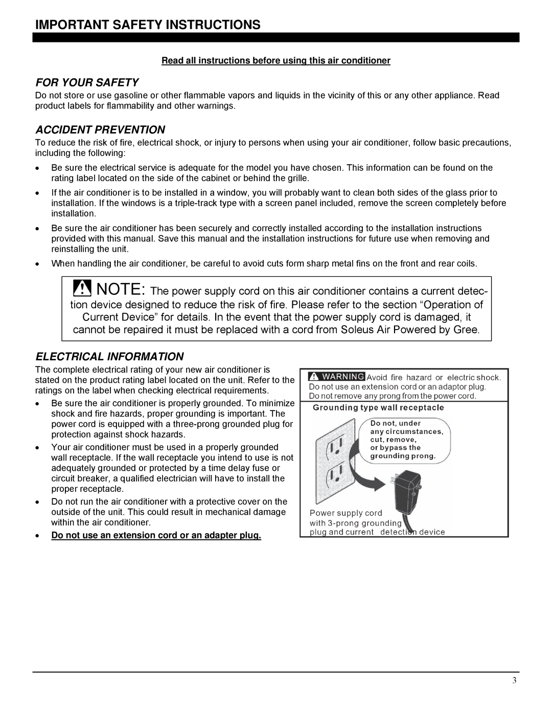 Soleus Air GM-TTW-12ESEZ, GM-TTW-10ESE, GM-TTW-14 manual For Your Safety, Accident Prevention, Electrical Information 