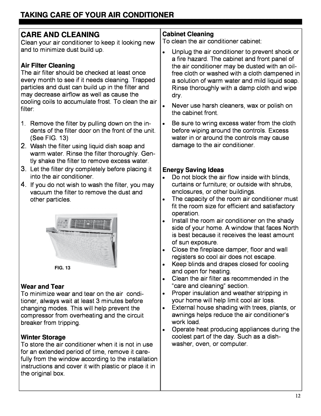 Soleus Air GM-TTW-10ESE manual Taking Care Of Your Air Conditioner, Care And Cleaning, Air Filter Cleaning, Wear and Tear 