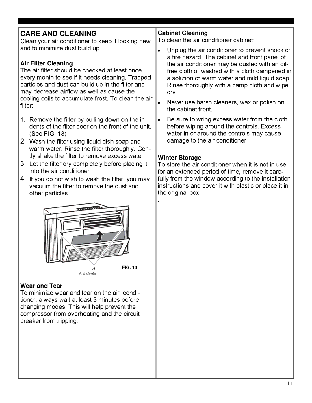 Soleus Air GM-WAC-06SE-C manual Care and Cleaning, Air Filter Cleaning, Cabinet Cleaning, Winter Storage, Wear and Tear 