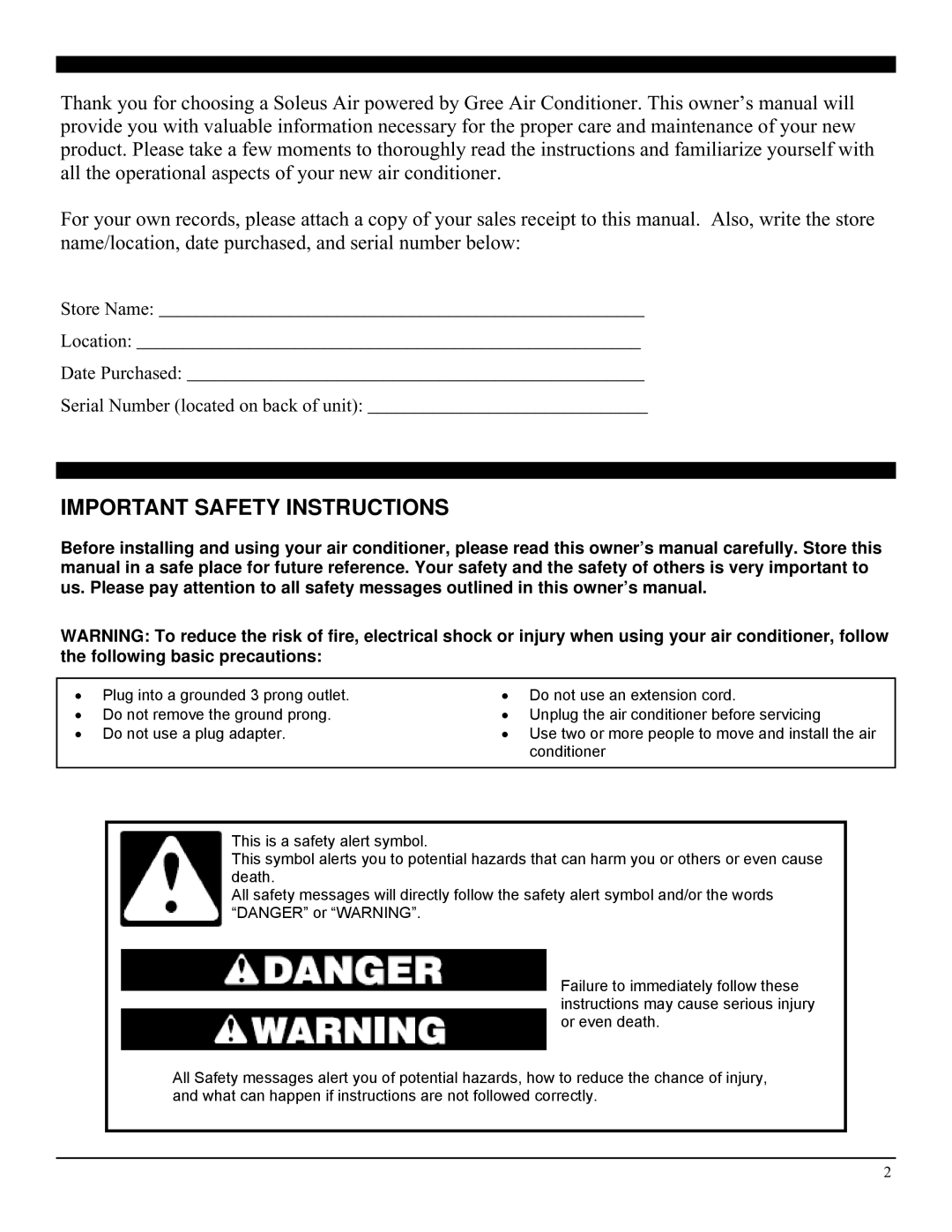 Soleus Air GM-WAC-06SE-C, GM-WAC-08ESE-C, GM-WAC-06ESE-C manual Important Safety Instructions 