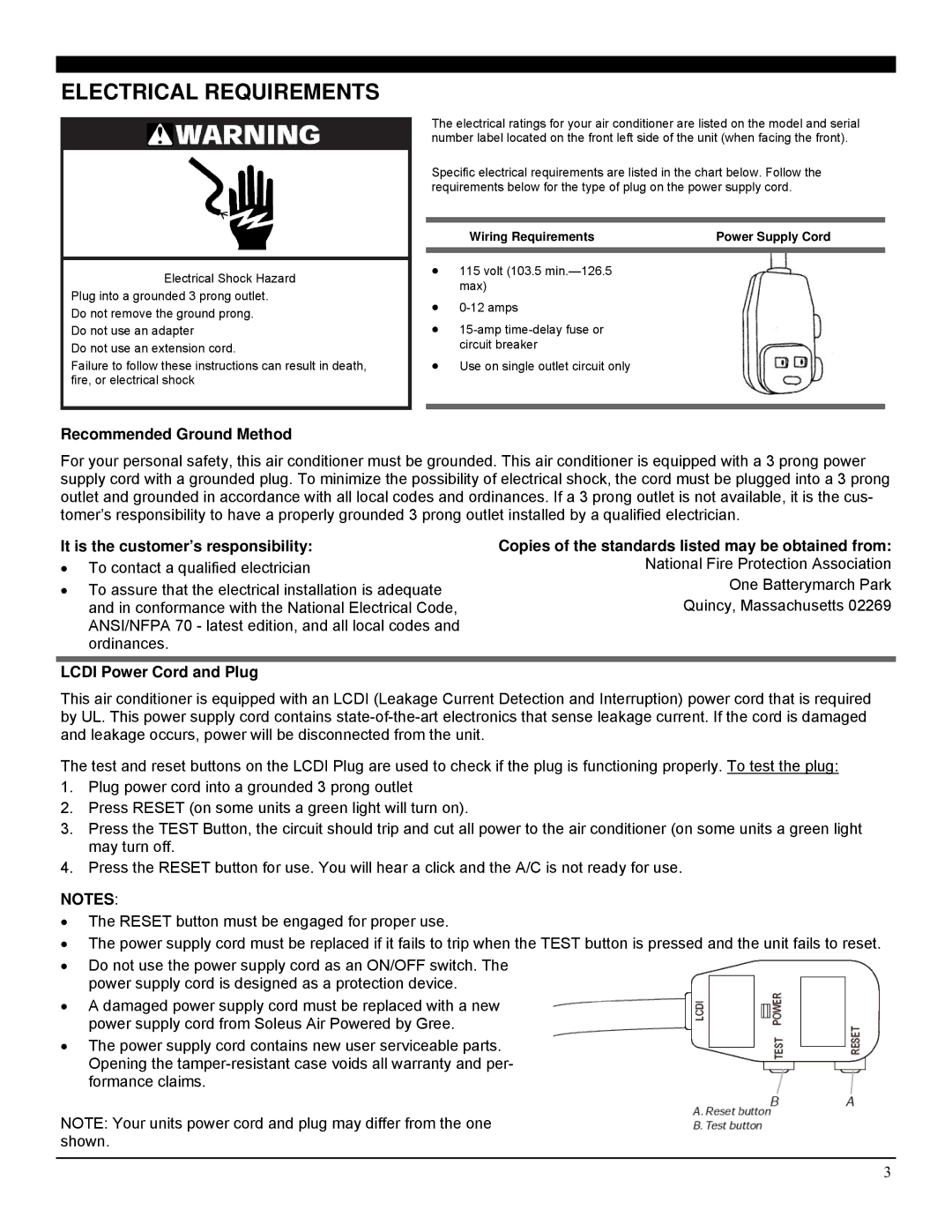 Soleus Air GM-WAC-08ESE-C, GM-WAC-06SE-C, GM-WAC-06ESE-C manual Electrical Requirements, Recommended Ground Method 