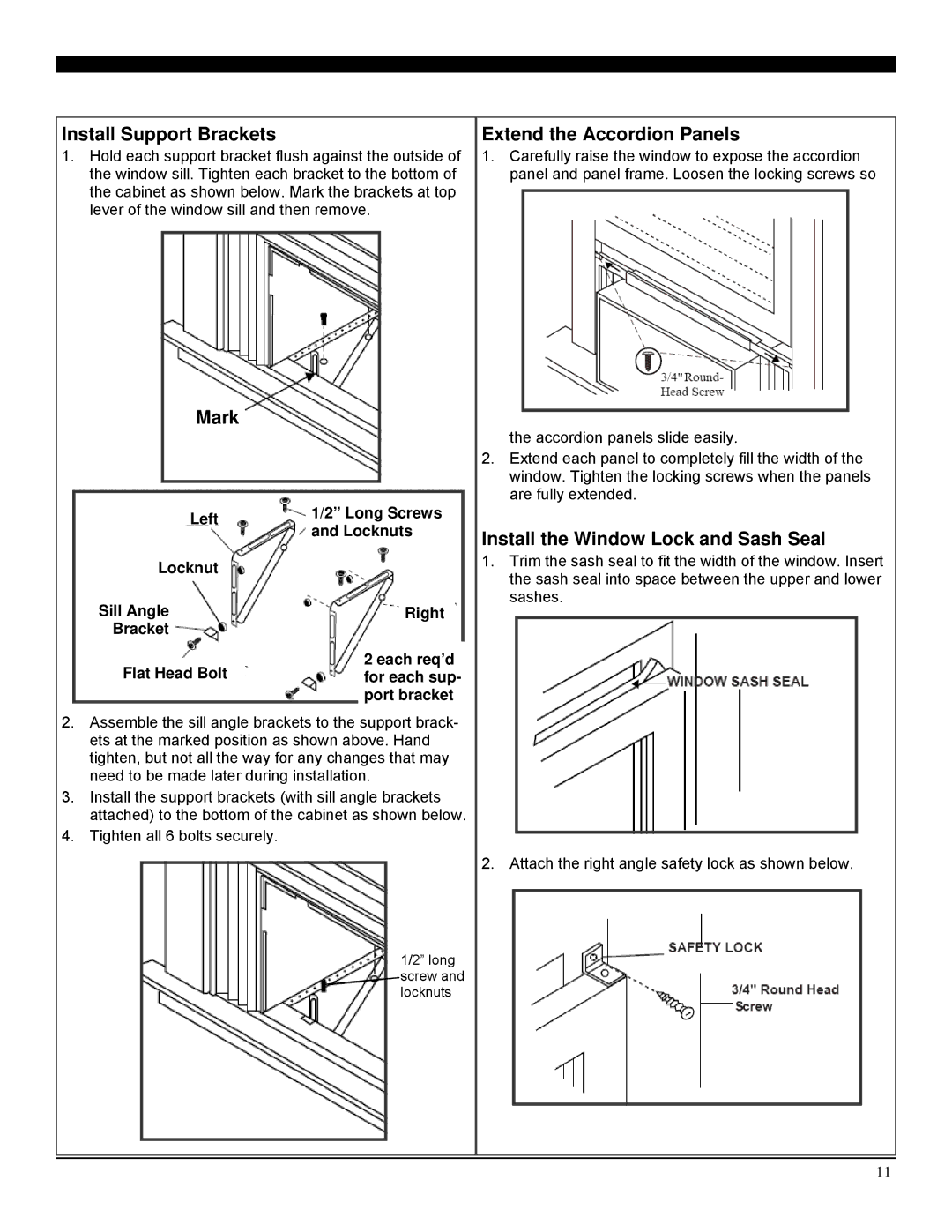 Soleus Air GM-WAC-18ESE-C, GM-WAC-15ESE-C manual Install Support Brackets, Extend the Accordion Panels, Mark 