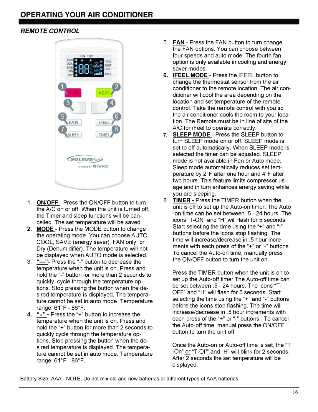 Soleus Air GM-WAC-15ESE-C, GM-WAC-18ESE-C manual Operating Your AIR Conditioner, Remote Control 