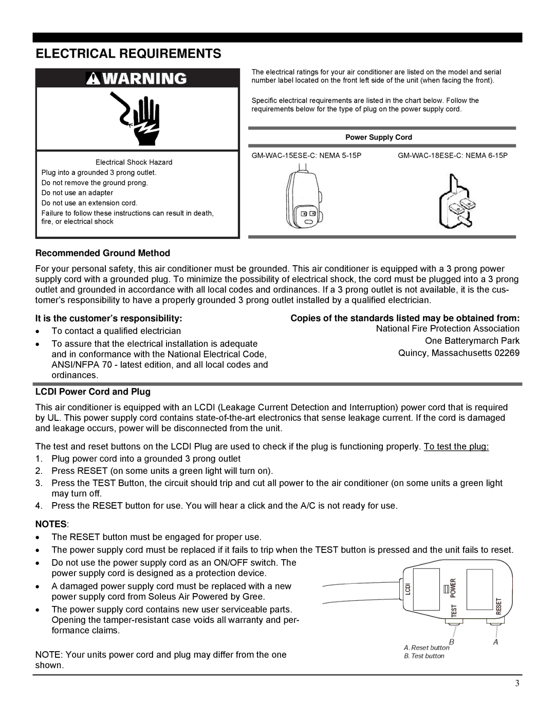 Soleus Air GM-WAC-18ESE-C, GM-WAC-15ESE-C Electrical Requirements, Recommended Ground Method, Lcdi Power Cord and Plug 