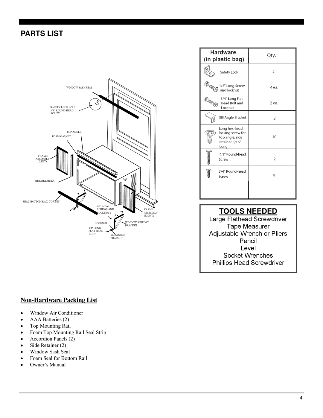 Soleus Air GM-WAC-15ESE-C, GM-WAC-18ESE-C manual Parts List, Tools Needed 