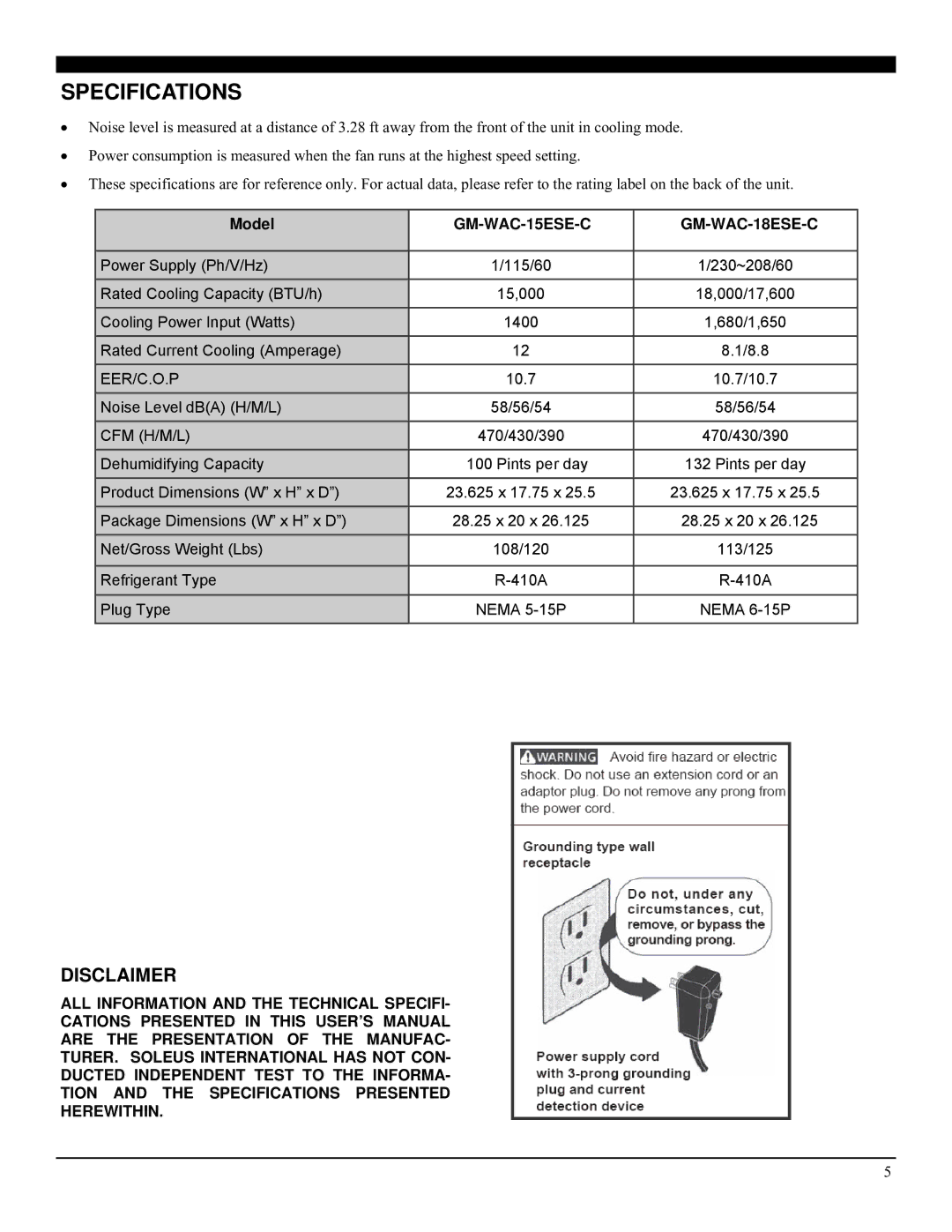 Soleus Air GM-WAC-18ESE-C, GM-WAC-15ESE-C manual Specifications, Disclaimer, Model 