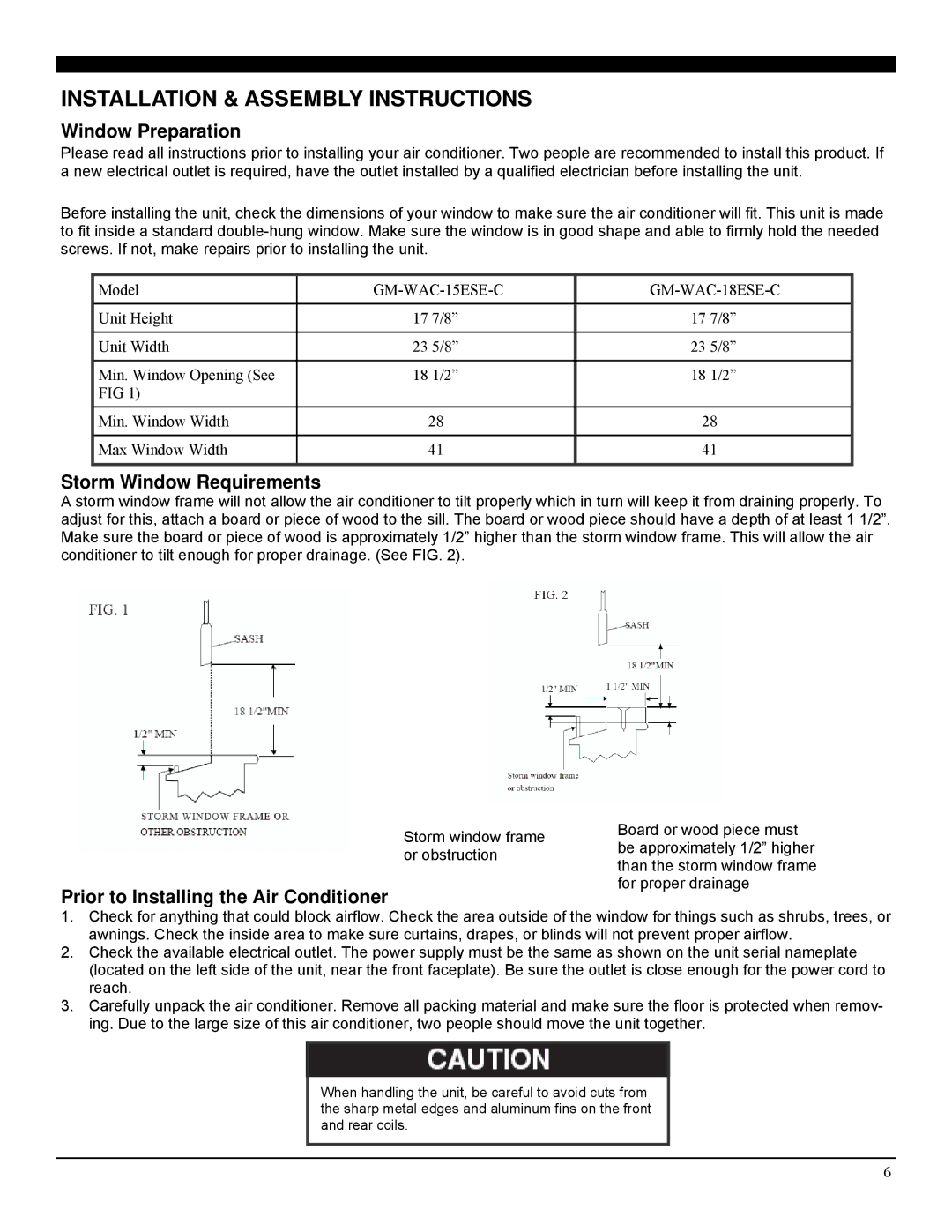 Soleus Air GM-WAC-15ESE-C manual Installation & Assembly Instructions, Window Preparation, Storm Window Requirements 