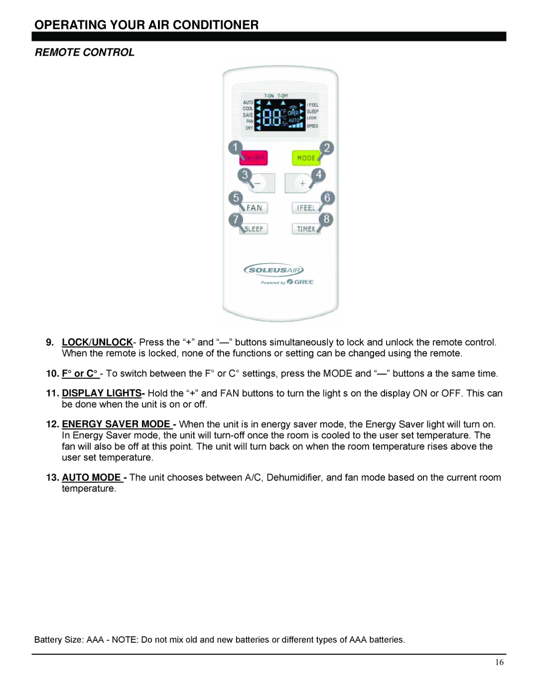 Soleus Air GM-WAC-25ESE-C manual Operating Your AIR Conditioner 