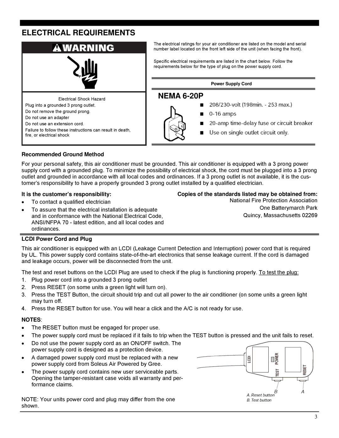 Soleus Air GM-WAC-25ESE-C manual Electrical Requirements, Recommended Ground Method, Lcdi Power Cord and Plug 