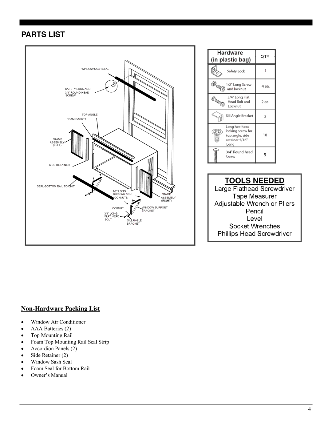 Soleus Air GM-WAC-25ESE-C manual Parts List, Tools Needed 