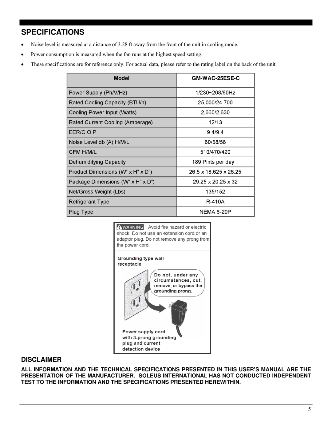 Soleus Air GM-WAC-25ESE-C manual Specifications, Disclaimer, Model 