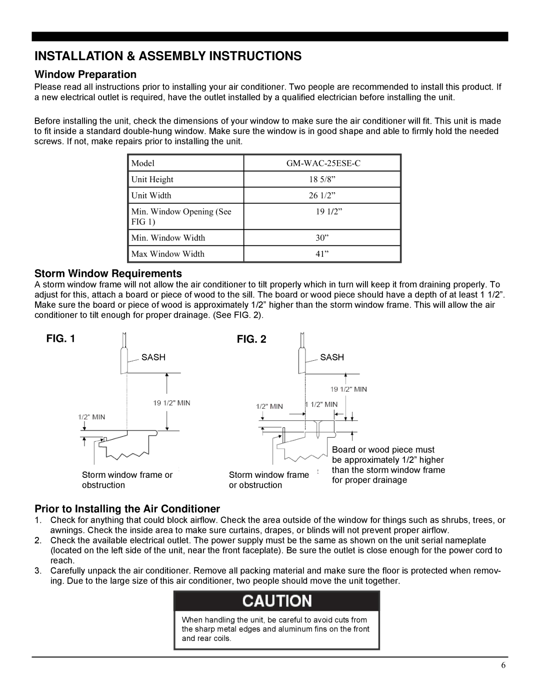 Soleus Air GM-WAC-25ESE-C manual Installation & Assembly Instructions, Window Preparation, Storm Window Requirements 