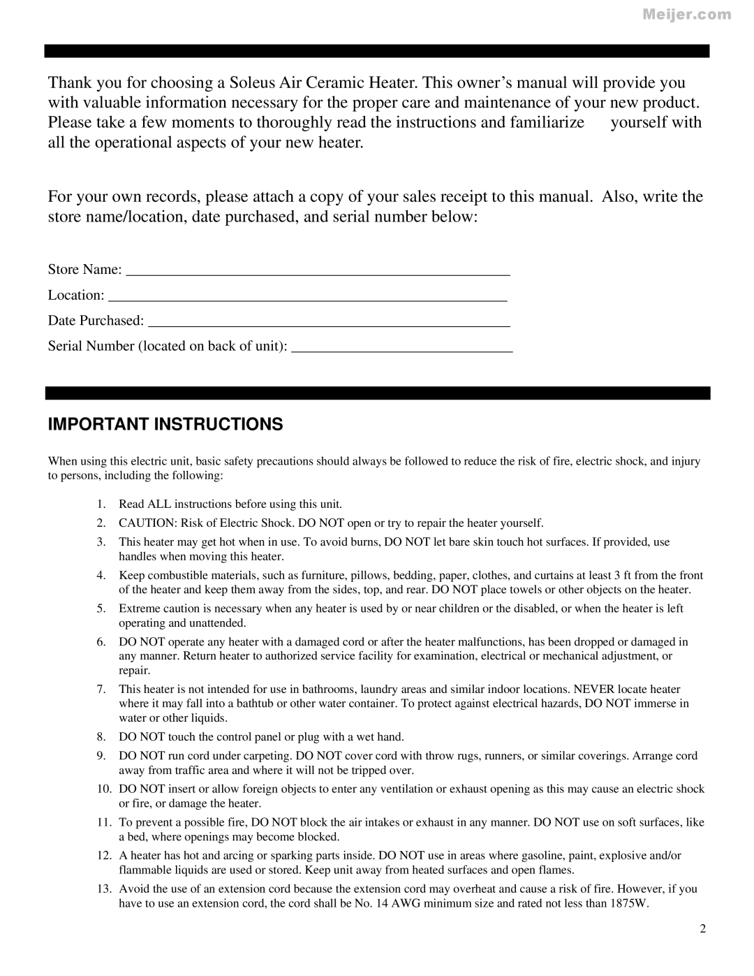 Soleus Air HC1-15-12 manual Important Instructions 