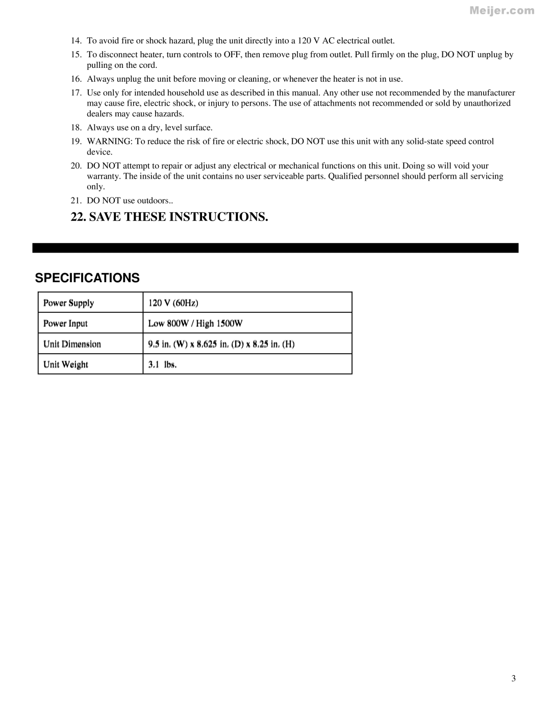 Soleus Air HC1-15-12 manual Specifications 