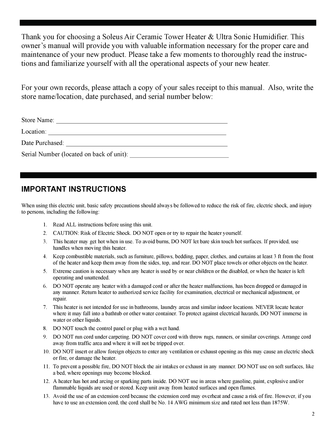 Soleus Air HC4-15-20 manual Important Instructions 