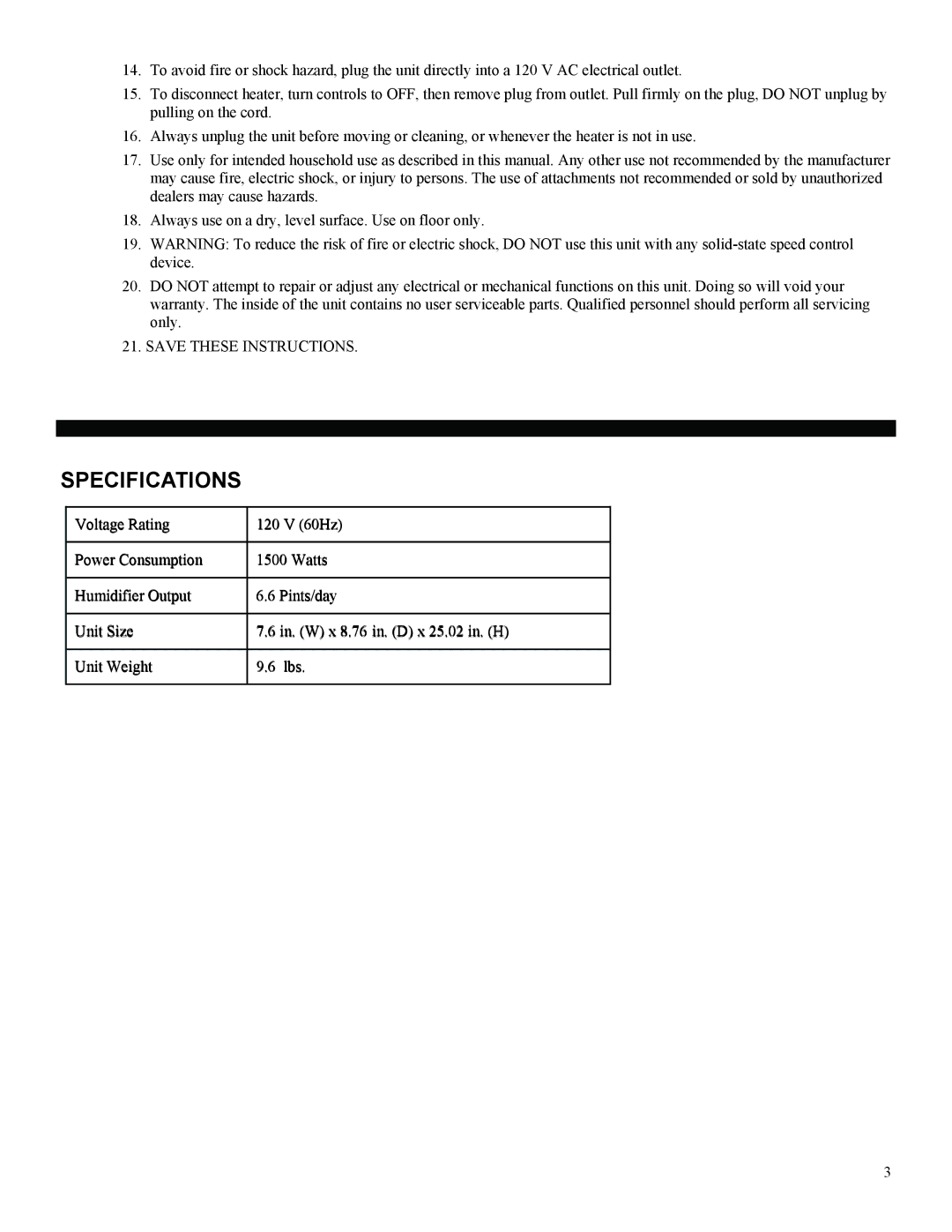 Soleus Air HC4-15-20 manual Specifications 